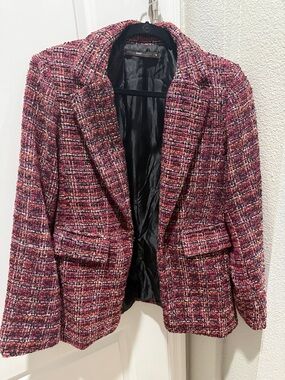 Woven Tweed Blazer Jacket in Burgundy Multi